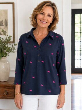 Charter Club Navy Pink Scottie Dog Print Pullover Collared Top Size XS